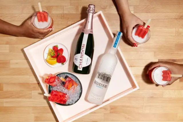 Chandon and Belvedere bottles, top down spirits advertising campaign hero