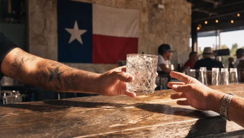 Generated frame: a bartender hands a rocks glass of iced gin across a timber bar under a Texas flag.