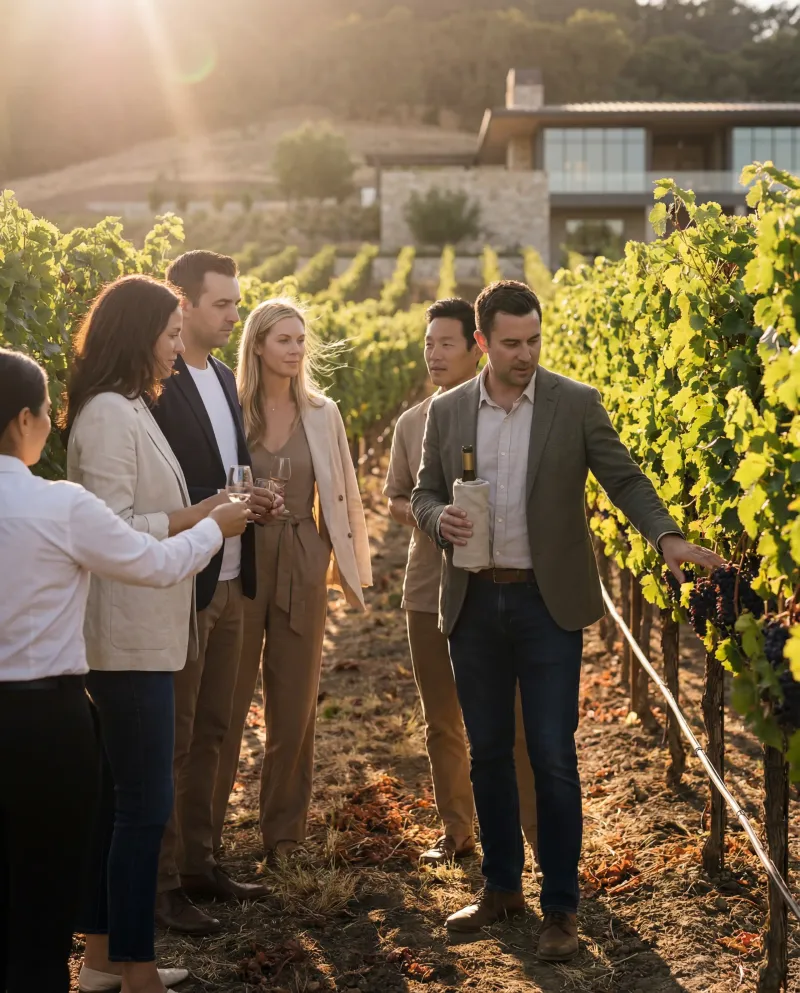 Generated frame: a man holding a cloth-wrapped bottle points out purple grapes to a group with wine glasses, vines backlit at golden hour.