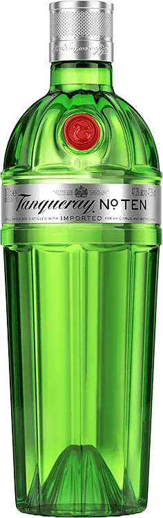 Tanqueray No. Ten gin bottle, green faceted glass lit against black