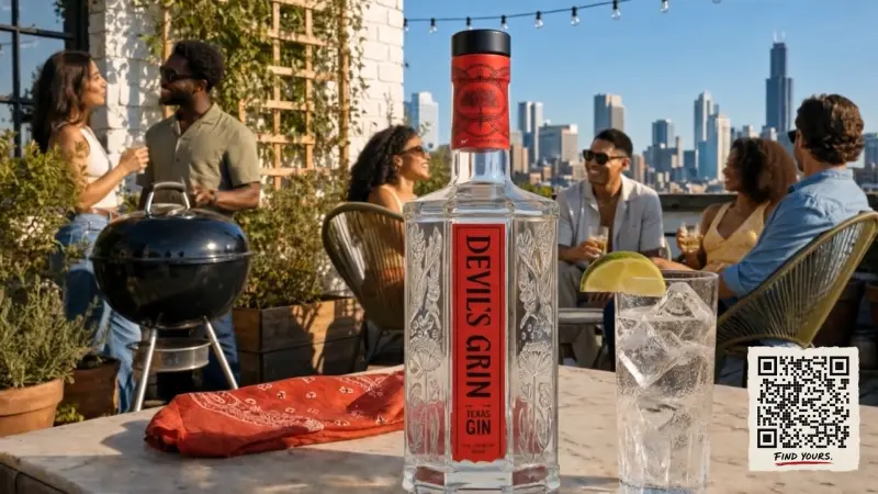 A bottle of Devil's Grin Texas Gin and an iced highball with lime on a rooftop table, friends talking behind against a city skyline.